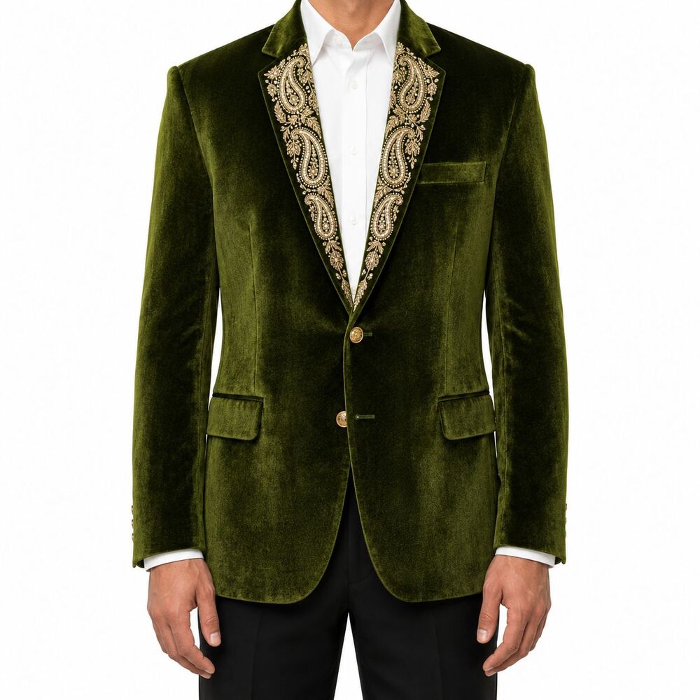 Mens 44R Green Velvet Blazer Hand Embroidered Beaded Paisley Wedding Tuxedo